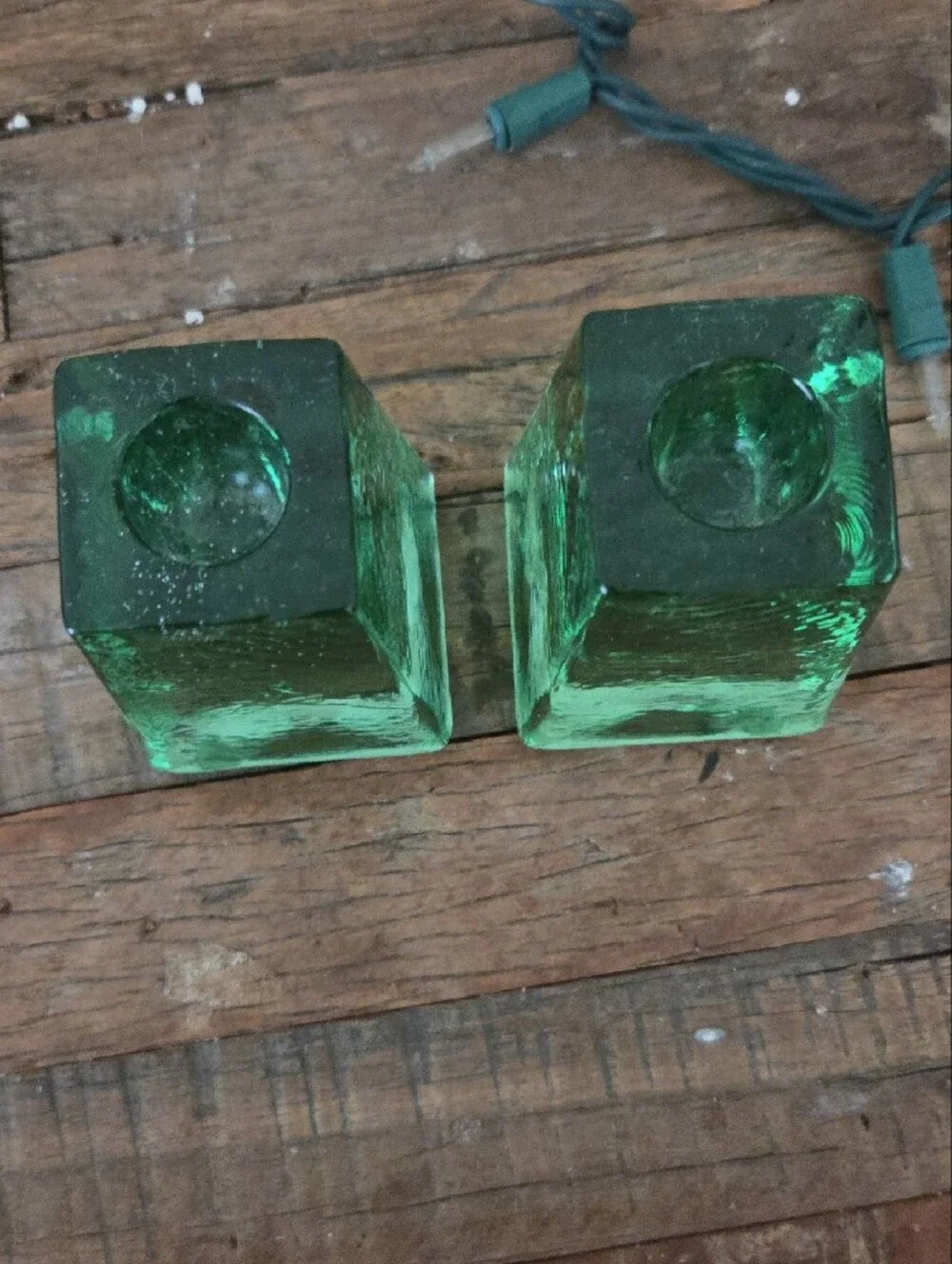 Fire and Light Signed Green Glass Taper Candle Holders - Pair